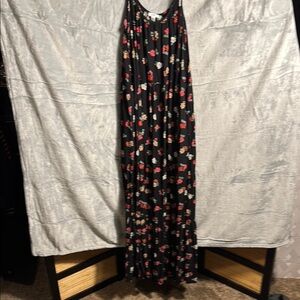 Black‎ Maxi Dress floral women's size xl with pockets flowy boho lightweight